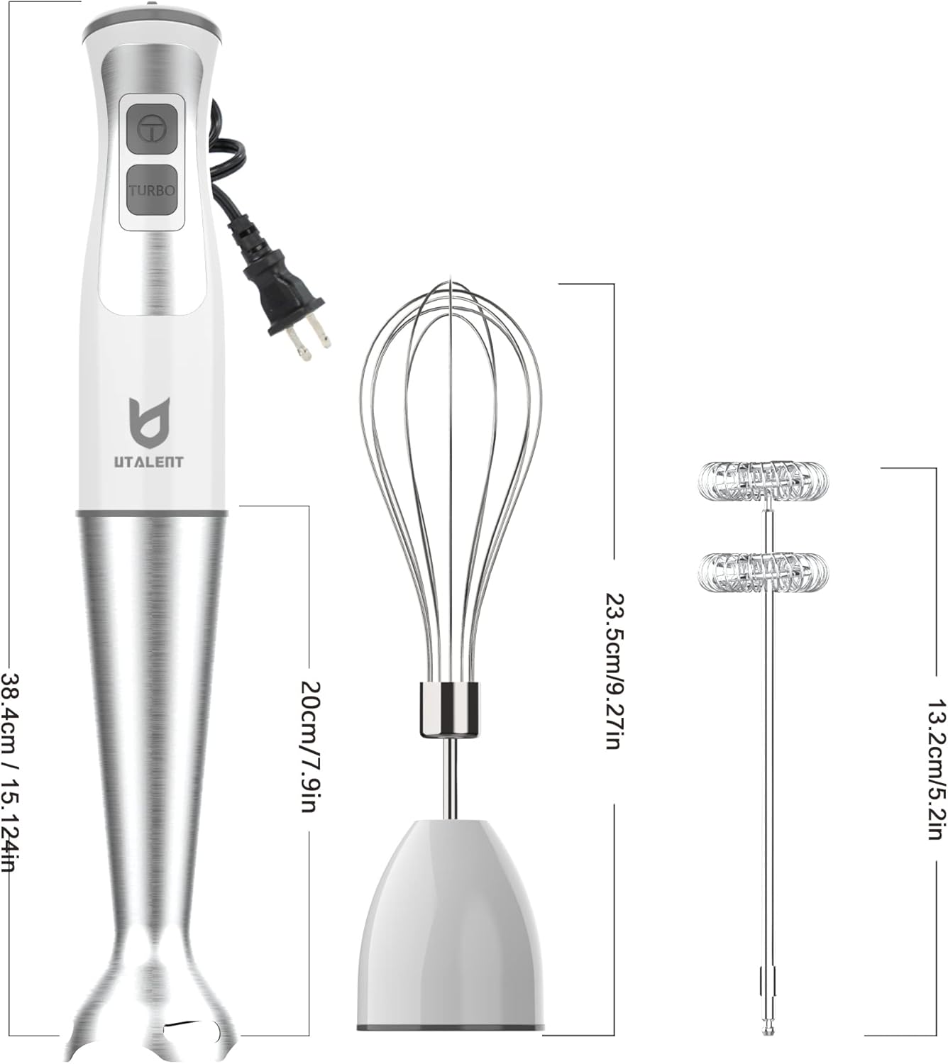 3-in-1 Immersion Hand Blender - Puree Baby Food, Sauces and Soups | 8-speed stick blender, Pure Copper Winding Motor, 5.2 feet power cord, 4-point Ice crush SS blade, Egg whisk, Milk frother
