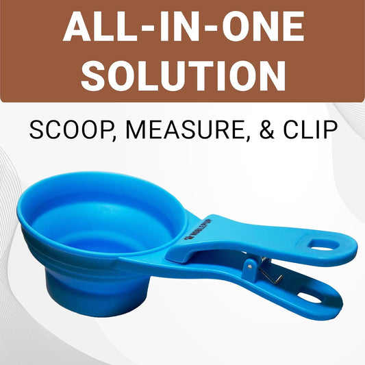 MeasureMate Pet Food Scoops with Bag Clip for Dog and Cat - 3-in-1 Multi-Function Collapsible Food Measuring Cup - 1 Cup Capacity, 8oz, Blue - Dishwasher Safe