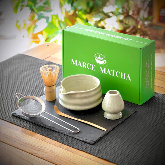 Whisk Set- Matcha Set includes Matcha Whisk and Bowl (Bowl with Spout), Sifter, Holder and Scoop- The Perfect Bamboo Whisk for Matcha Tea (Molted Green)