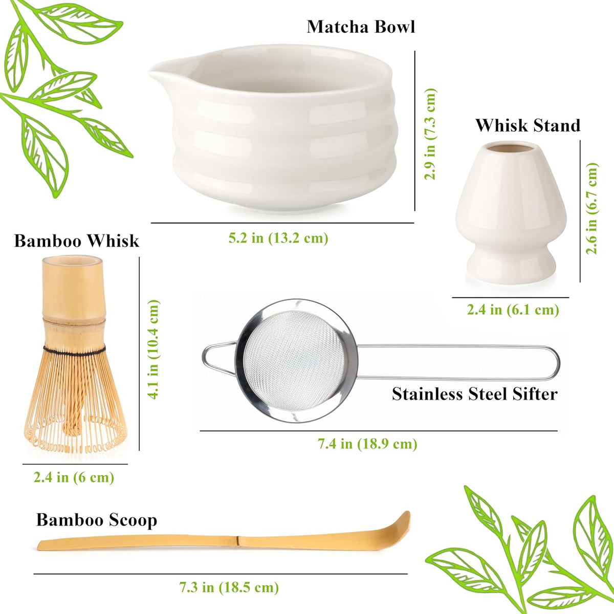 Whisk Set- Matcha Set includes Matcha Whisk and Bowl (Bowl with Spout), Sifter, Holder and Scoop- The Perfect Bamboo Whisk for Matcha Tea (Molted Green)