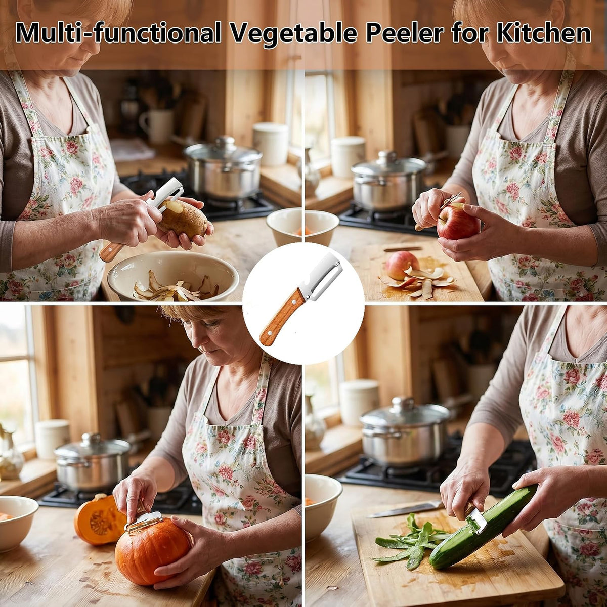 Multifunctional Vegetable Peeler with Bottle Opener, Wood Handle Stainless Steel Peeler Knife, 2 in 1 Vegetable and Fruit Peeler & Kitchen Tool for Potato, Pumpkin, Apple, Papaya, Carrot