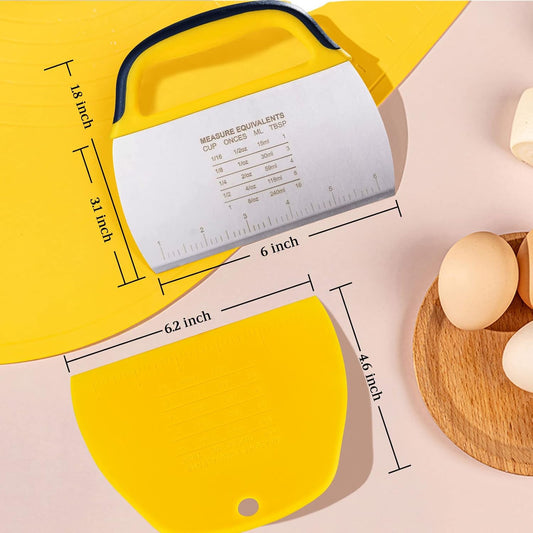 Dough Scraper Chopper 2 Pcs, Stainless Steel Dough Cutter With Grip, Plastic Bench Scraper with Measuring Scale, Multipurpose Pizza Cutter, Pastry, Food Scraper for Baking, Dough, Bread, Cake