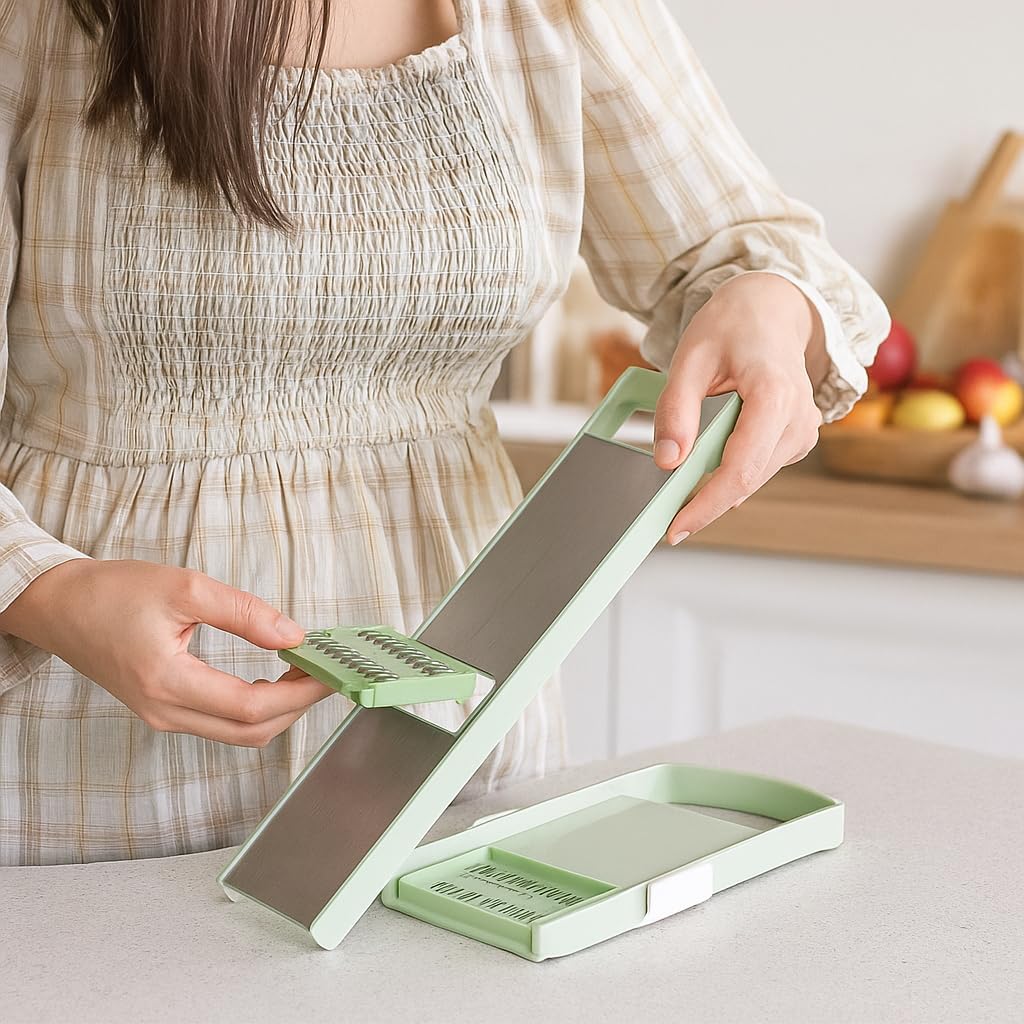 Mandoline Slicer & Vegetable Cutter – 6-in-1 Manual Food Chopper with Container – Stainless Steel Blades for Onions, Fruits & Vegetables – BPA-Free, Dishwasher Safe, Non-Slip Base, Easy Meal Prep