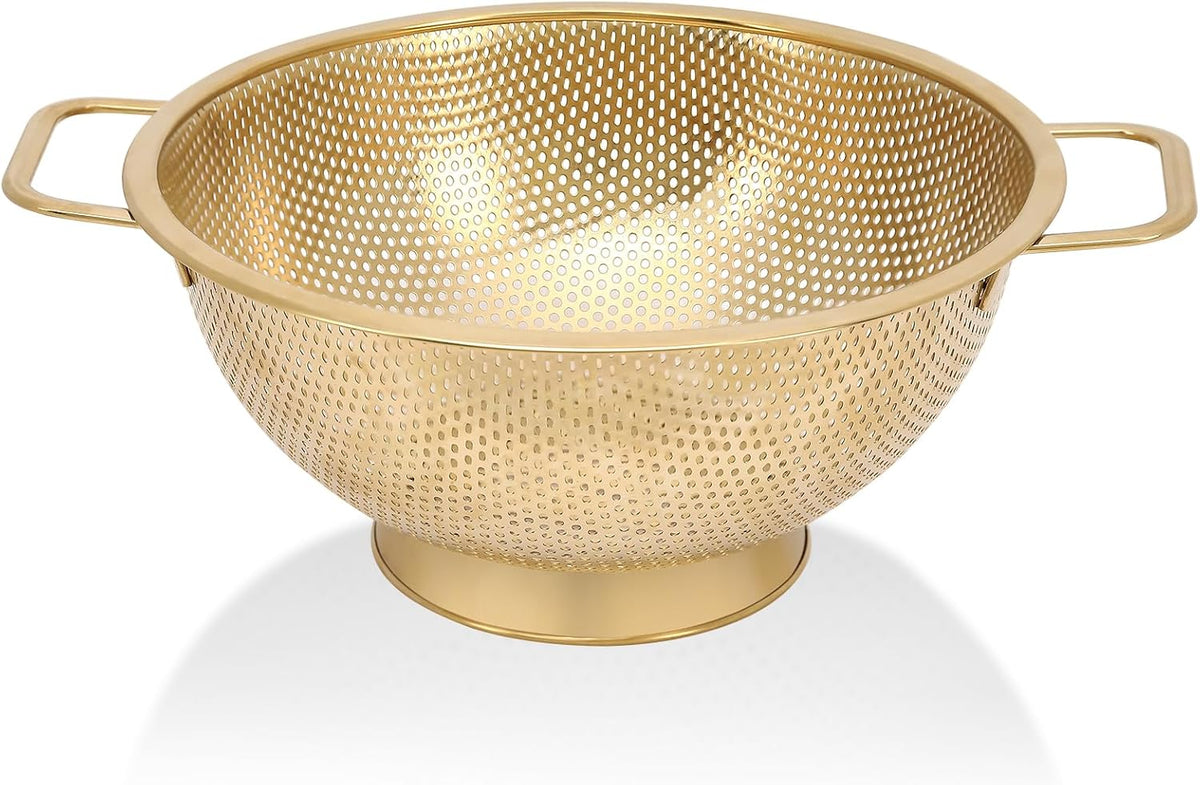 Gold Strainer for Kitchen, 3QT, Stainless Steel Colander with Handle for Fruits Vegetables Cooking Food, Dishwasher Safe