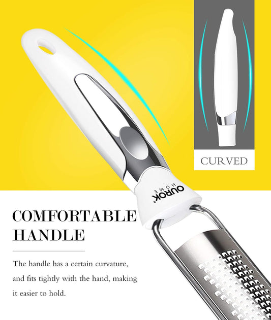 Kitchen Lemon Zester, Stainless Steel Hand Held Parmesan Cheese Grater for Ginger, Chocolate, Coconut, Lime, Nutmeg, Citrus, Fruit, Vegetable with Cleaning Brush, Dishwasher safe, White