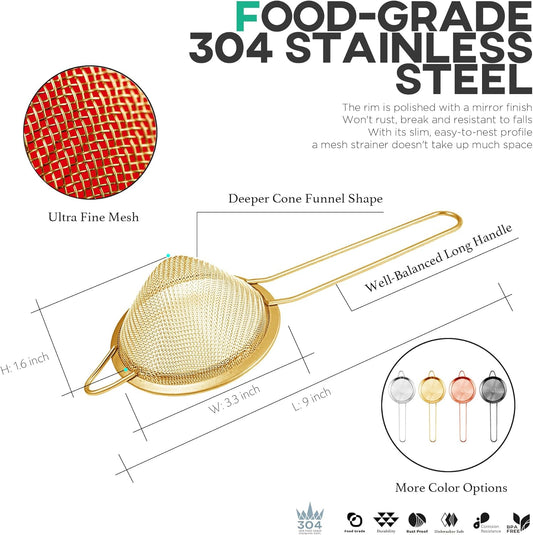 Fine Mesh Strainer for Kitchen, 304 Stainless Steel Sieve Sifters Cocktail Strainer for Food, Tea, Oil, Noodles, Coffee, Juice, Flour, Fruits, Vegetables - Easy to Clean Drink Strainer (Gold)