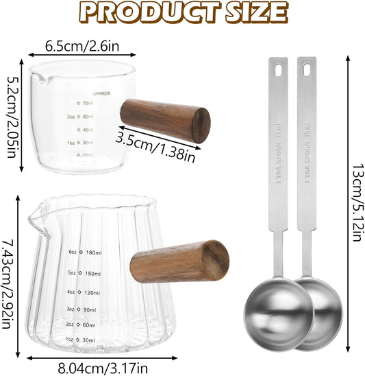 2 Pack Espresso Shot Cups with 2PCS Coffee Measuring Spoons Set, | Single 6oz spout glass measuring cup with wood handle, 2oz espresso cups with dual scale, espresso accessories for coffee