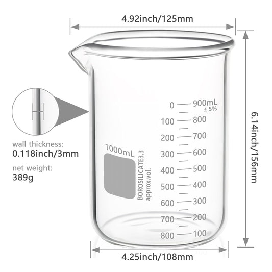 Heavy Duty 1000ML Glass Beaker White Double Scale Graduation, Borosilicate 3.3 Glass Lab Beaker, Low Form Griffin Glass Measuring Beaker, 1 Each (1000ML)