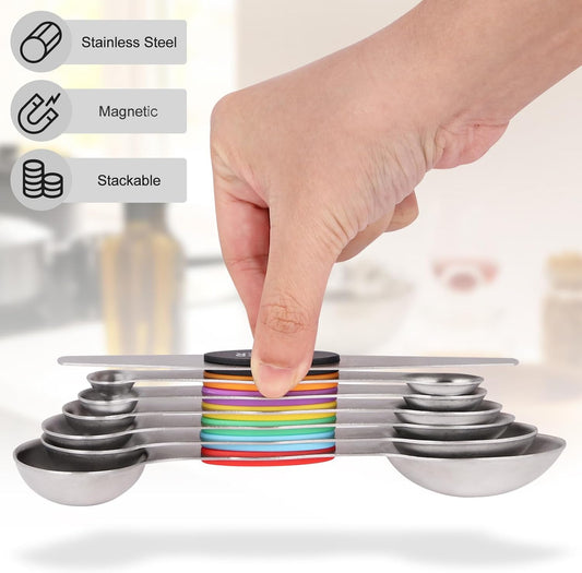 Magnetic Measuring Spoons Set, 7-Piece Stainless Steel | Dual Sided Spoons with Leveler, Rustproof Nesting Design, For Cooking, Baking & Medicine, US/Metric Markings, Dishwasher Safe