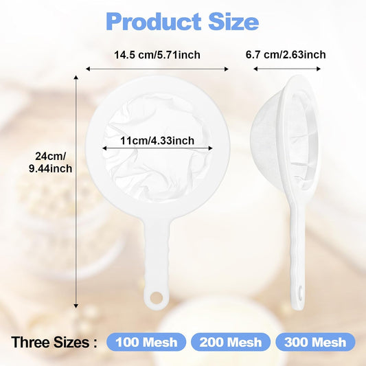 3 PCS Ultra-Fine Nylon Mesh Strainer - 100/200/300 Mesh Plastic Sieve with Handle, Kitchen Filter Tool for Coffee Soy Milk Juice Tea Leaf Honey Wine Yogur