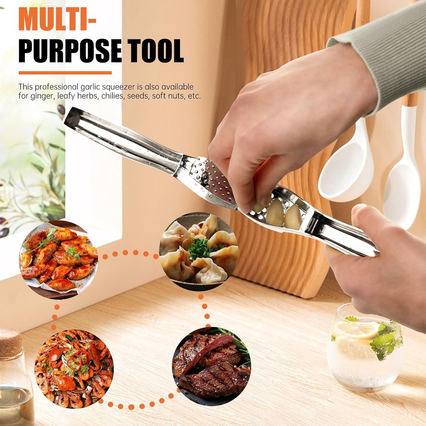 EZMIBEE Garlic Press, Garlic Mincer Chopper, Garlic Crusher Detachable and Rust Proof, Professional Stainless Steel Garlic Press Heavy Duty Kitchen Tool Easy Clean with Cleaning Brush