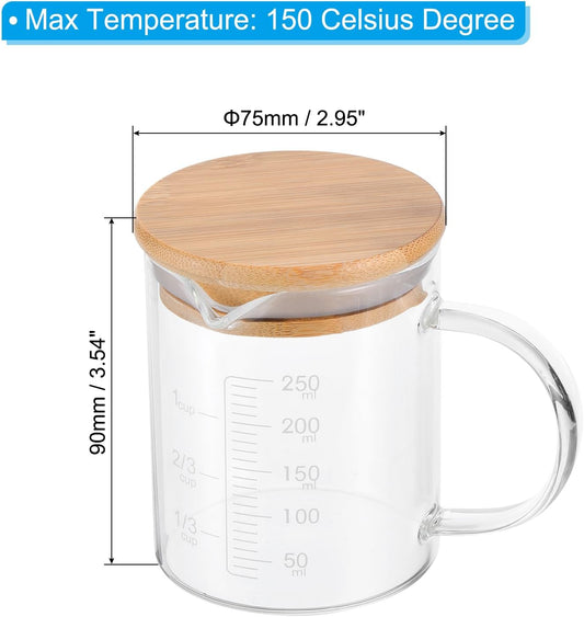 250ml Glass Measuring Cup, 3.3 Borosilicate Glass Graduated White Printed Scale Liquid Measure Cups Beaker with Wood Lid and V-Shaped Spout for Kitchen