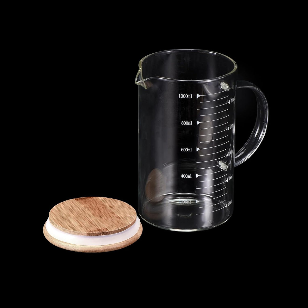 250ml Glass Measuring Cup, 3.3 Borosilicate Glass Graduated White Printed Scale Liquid Measure Cups Beaker with Wood Lid and V-Shaped Spout for Kitchen