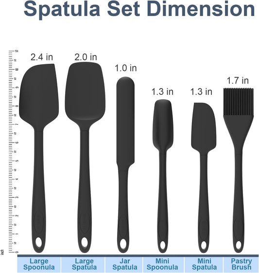 Silicone Spatula Set, 6 Pieces Food Grade Kitchen Utensils with Silicone Brush Heat Resistant Dishwasher Safe BPA-free Rubber Spatula for Scraping, Baking, Cooking, Mixing (Black)