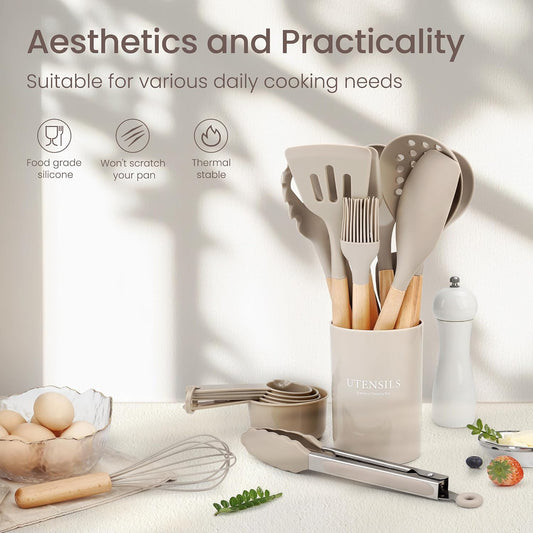 26 Pcs Silicone Cooking Utensils Set with Holder, BPA Free Kitchen Utensils Set for Cooking, 446°F Spatulas Silicone Heat Resistant Wooden Handle Spoon Tongs Non-stick Kitchen Gadgets (Khaki)