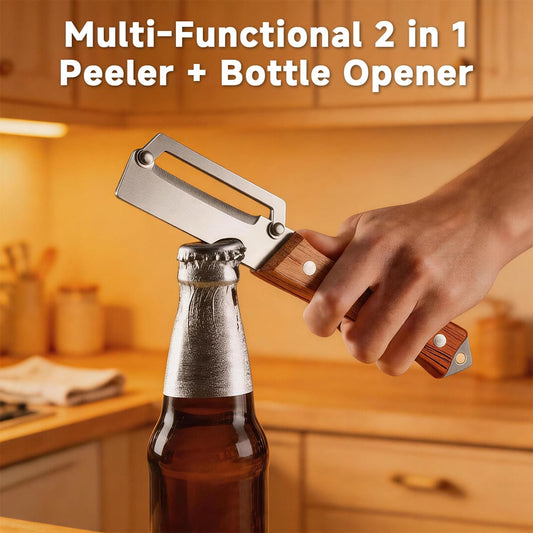Premium Vegetable Peeler with Wooden Handle and Bottle Opener: 2-in-1 Stainless Steel Kitchen Tool for Fruit Potato Apple Papaya Pumpkin,Gifts for Mom (1 pcs)