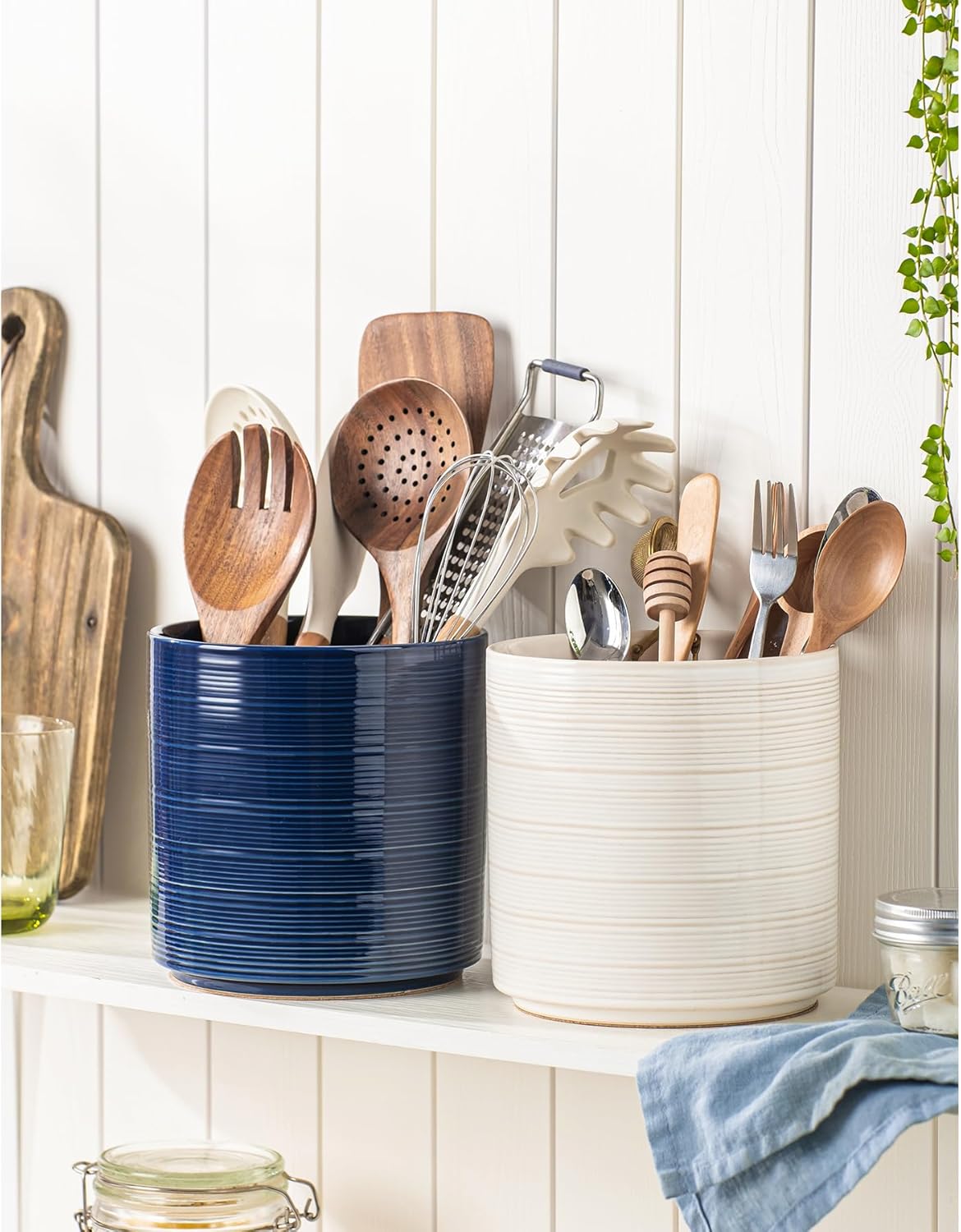Large Utensil Holder for Kitchen Counter, 7.3” Ceramic Cooking Utensil Crocks for Spatula & Spoon, Farmhouse Kitchen Utensil Holder with Cork, Home Decor, Dark Blue