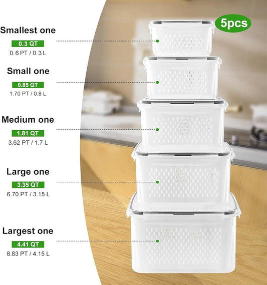 5 PCS Large Fruit Containers for Fridge - Leakproof Food Storage Containers with Removable Colander - Dishwasher & microwave safe Produce Containers Keep Fruits, Vegetables, Berry, Meat Fresh longer