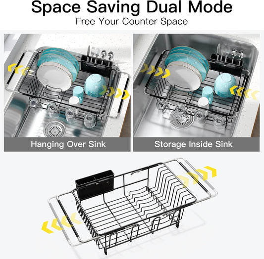 Black Dish Drying Rack in Sink, Dish Drainer with Utensil Holder | Over The Sink Expandable Stainless Steel Strainer Dryer Rack for Small Kitchen, Counter Space Saving, Fast Drain, Rustproof