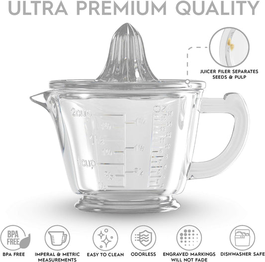 Glass 2-Cup Juicer (Clear) - Lemon and Lime Manual Squeezer, Citrus Reamer