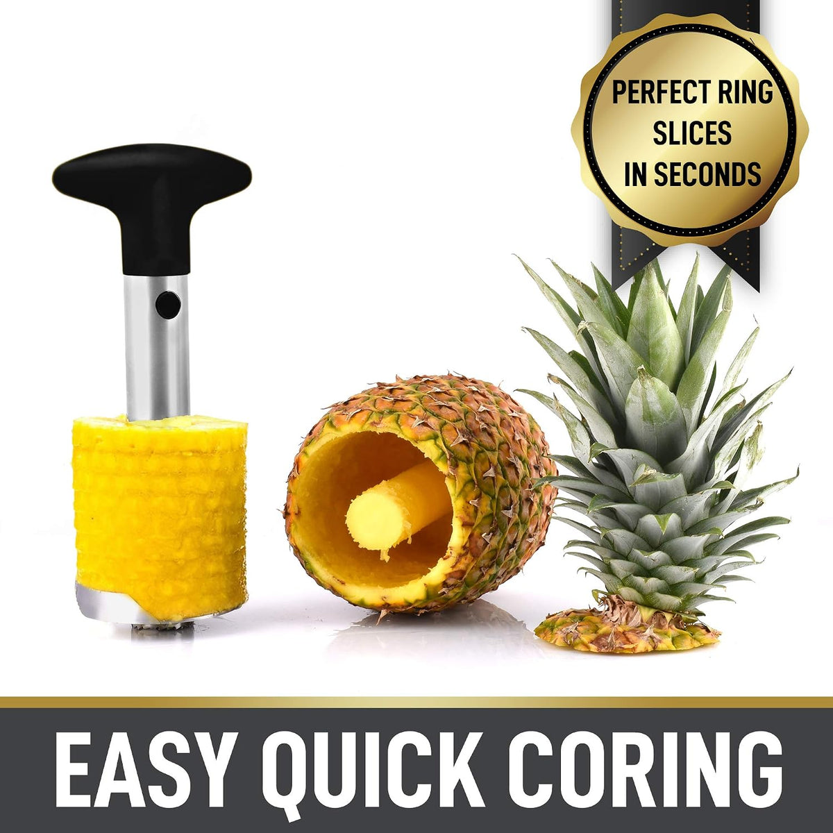 Stainless Steel Pineapple Corer & Slicer – Heavy Duty Pineapple Cutter & Eye Removal Tool – Effortless Core Remover Tool with Sharp Reinforced Blade & Ergonomic Handle - Black