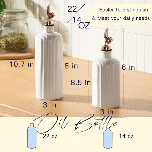 Olive Oil Dispenser Bottle Set of 2 (22 Oz + 14 Oz) - Porcelain Oil and Vinegar Bottles with Stainless Steel Spout, Ceramic Kitchen Cruet, Dishwasher Safe