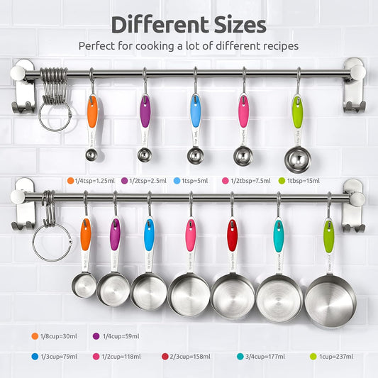 Measuring Cups Spoons Set, 18/8 Stainless Steel, 12Pcs, Multicolor | Upgraded Thickened Handle, Reinforced Welded Joints, Nested Stackable Design, Metal Measure Set for Kitchen Baking Cooking