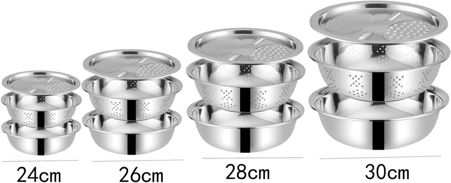 3 in 1 Stainless Steel Grater Shredder Slicer with Colander Drain Basin Bowl,Salad Spinner Fruit Vegetable Rice Washing Strainer Basket Bowl,Rice Rinser Food Graters with Container (9.4in)