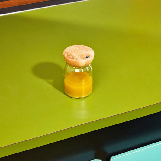 Studio Totter Salad Dressing Shaker | Handblown Glass Mixer Ash Wood Lid & Silicone Gasket Leak-Free Emulsifying | Prep, Store & Serve Dressings Modern Minimalist Dinner Table Hostess Gift