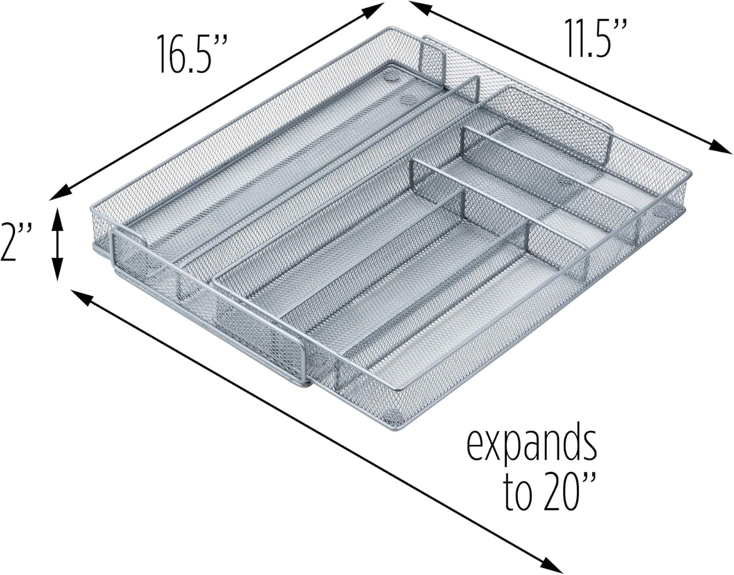 Expandable Steel Mesh Drawer Organizer, 7 Compartments, Silver, Adjustable 11.5 to 20 Inches Wide