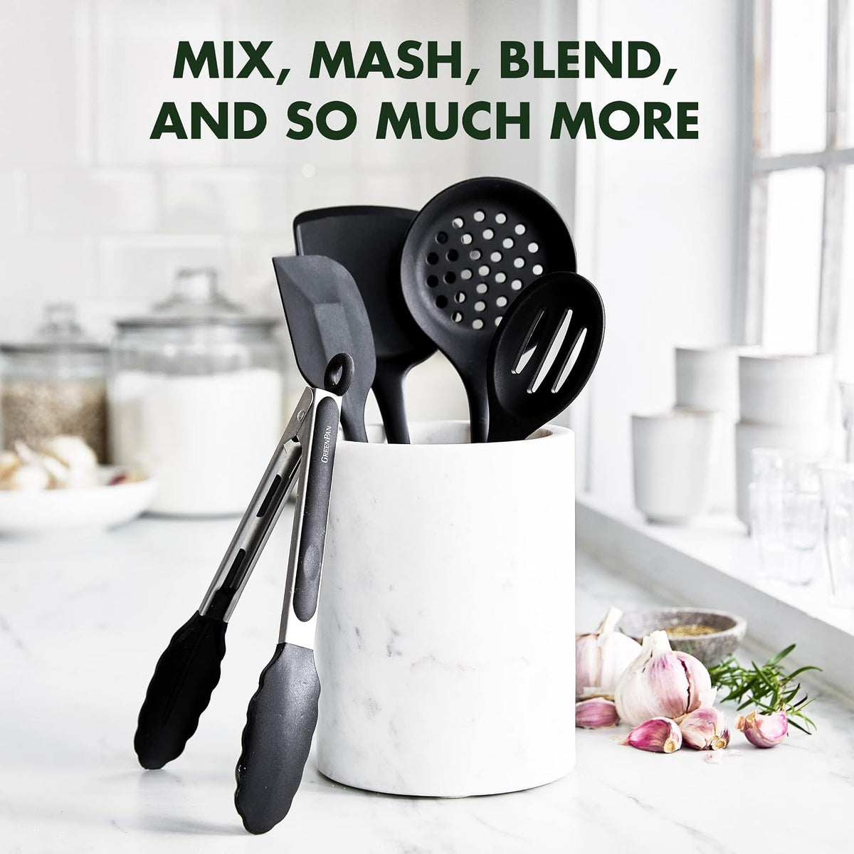 5 Piece Cooking Utensil Set, Flexible Nonstick Silicone, Stain-Free, Tongs, Turner, Spatula, Skimmer, and Slotted Spoon, Black