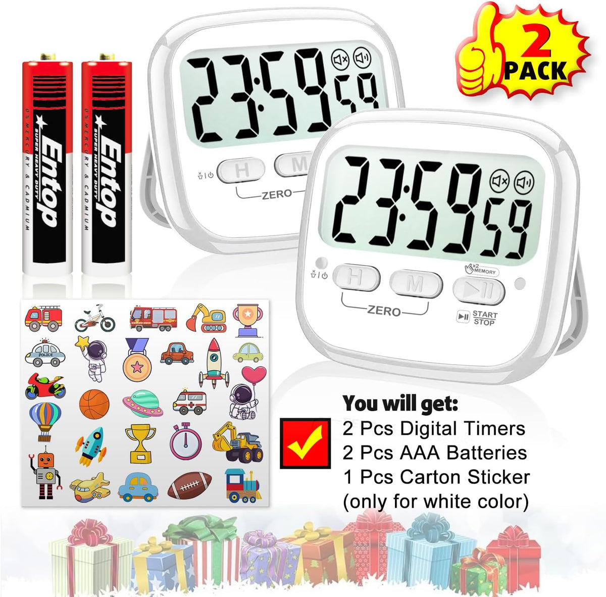 2-Pack Magnetic Kitchen Timers for Cooking, Digital Stop Watch Countdown Timer for Kids, Teachers, Classroom, Office, Exercise - Battery Included