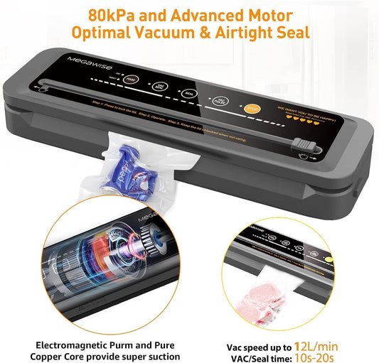 Vacuum Sealer Machine | 80kPa Suction Power | Vac Seal Machine | Bags and Cutter Included|Compact One-Touch Automatic with External Vacuum System|Dry Moist Fresh Modes for All Saving needs