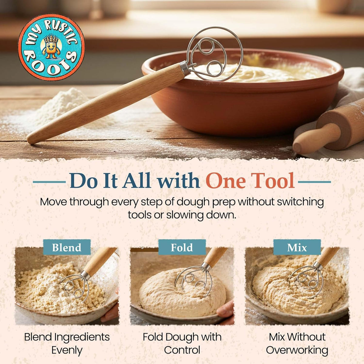 Danish Dough Whisk, 13-Inch Stainless Steel, Wooden Handle | 304 stainless steel, wooden handle, ergonomic grip; for sourdough, bread, pizza dough, pancake batter; hand wash only