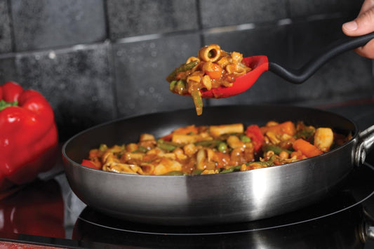 Supoon Non-Stick Sit-Up Silicone Scraping, Serving, Cooking Spoon Measures 5ml Tsp & 15ml Tbsp - 11" Red | Non-stick cookware safe, mess-free, sit up head with flat squeegee tip, heat-resistant, measures 5ml tsp and 15ml Tbsp, 11"