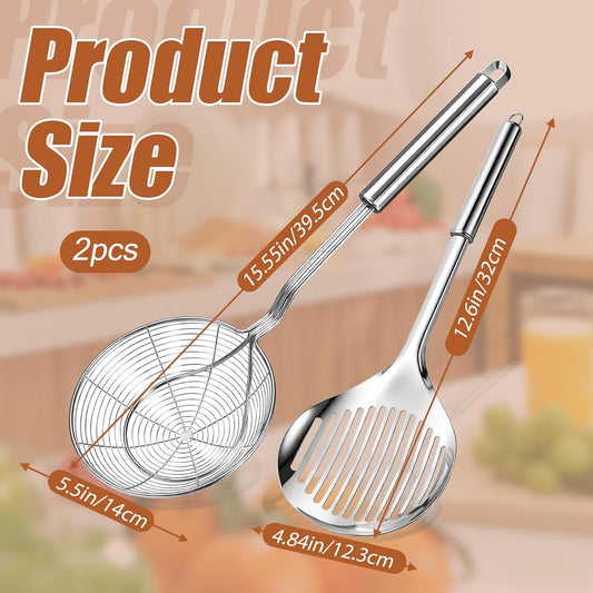 2Pcs Versatile Stainless Steel Spider Strainer Solid Kitchen Strainer Ladle with Long Handle, Kitchen Gadgets for Cooking and Frying, Ladle Spider Strainers Skimmer for Pasta, Noodle, Spaghetti