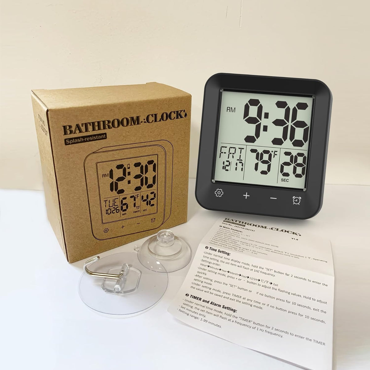 Waterproof Shower Clock, Digital Bathroom Kitchen Wall Clock Timer w/Temp.