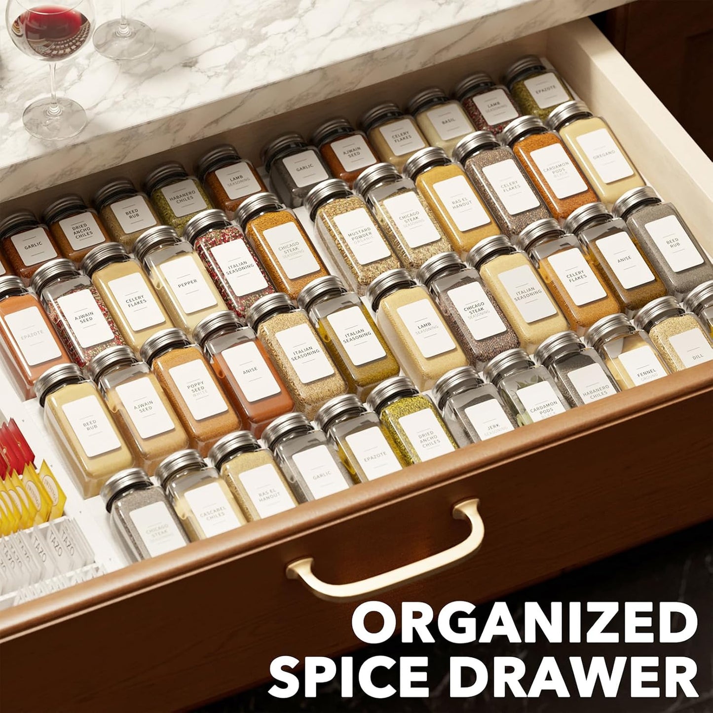 Bamboo Spice Drawer Organizer, (Need 3" Deep Drawer) Expandable 4 Tier Spices Rack for Cabinet, Kitchen Seasoning Storage Insert (Jars Not Included, From 12" to 23" Wide)