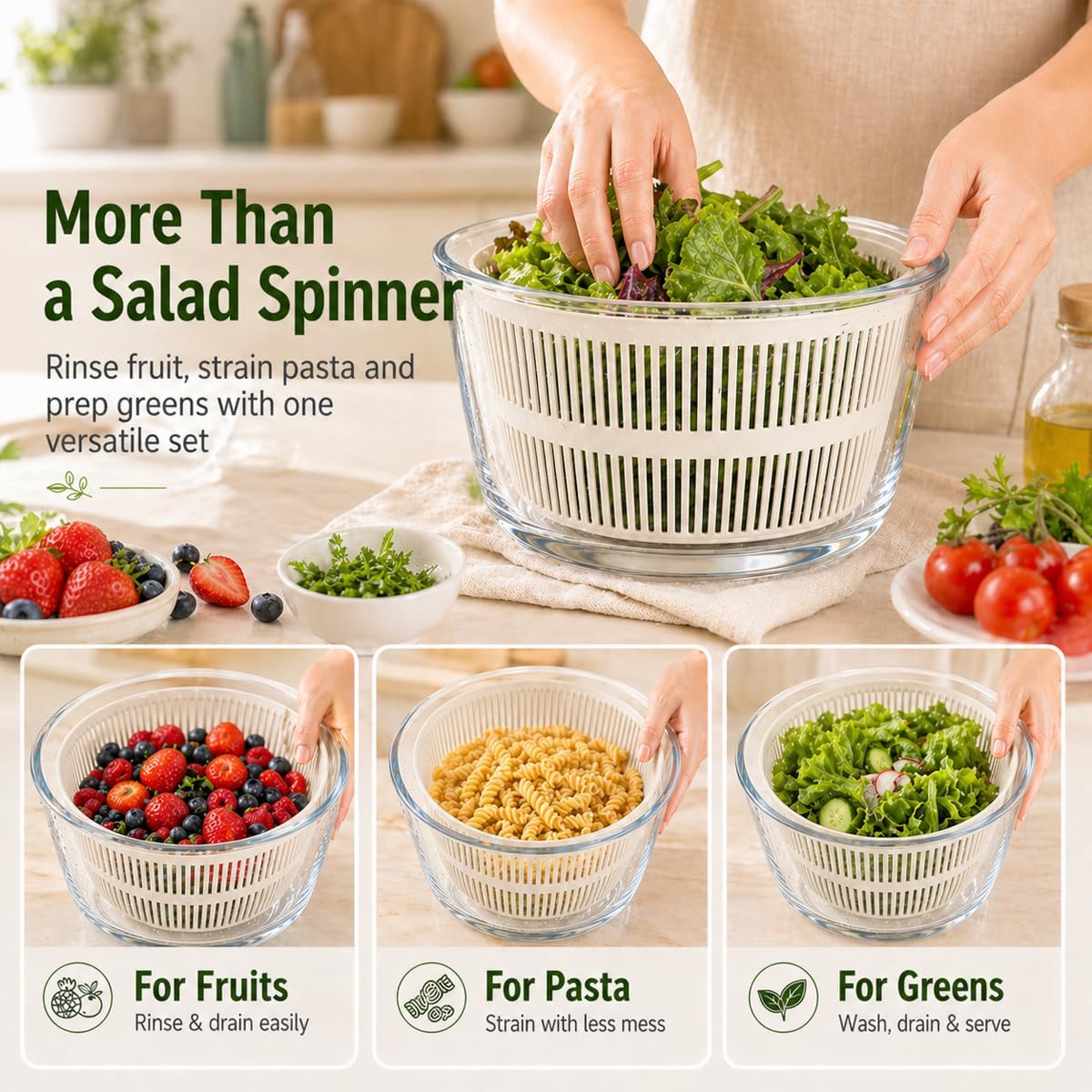 Large 5.2 Qt Glass Salad Spinner with Drain, Green | Microwave- and Dishwasher-Safe Glass Bowl, Transparent Lid, Crank Handle, Quick-Spin Salad Cleaner for Lettuce, Herbs & Fruit