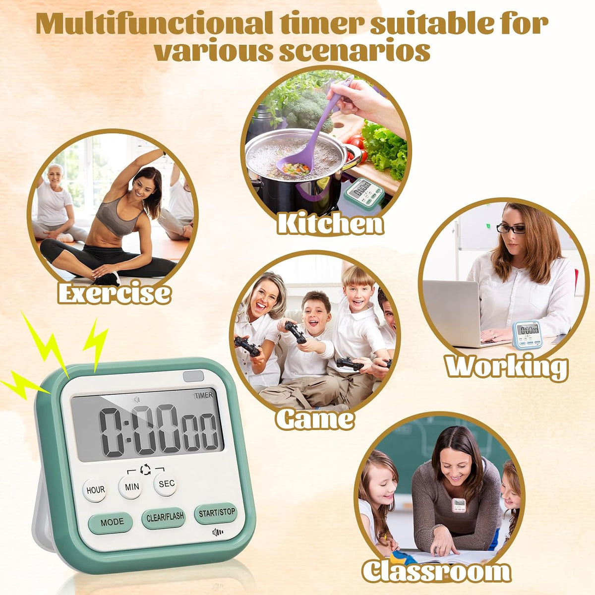 6 Pcs Digital Kitchen Timer 24 Hour Alarm, Multicolor