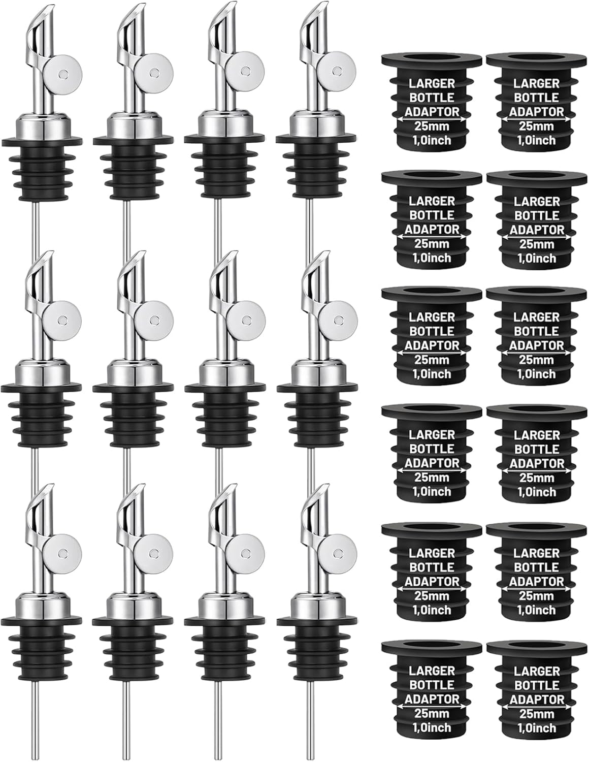 3 Pack Olive Oil Pour Spout with Adapters, Oils Pourer for Olive Oil Dispenser Bottle, Easily Turn Your Bottles into Dispensers for Liquor, Vinegar, Oils, Syrup, Liquor Bottle Pourers, Silver