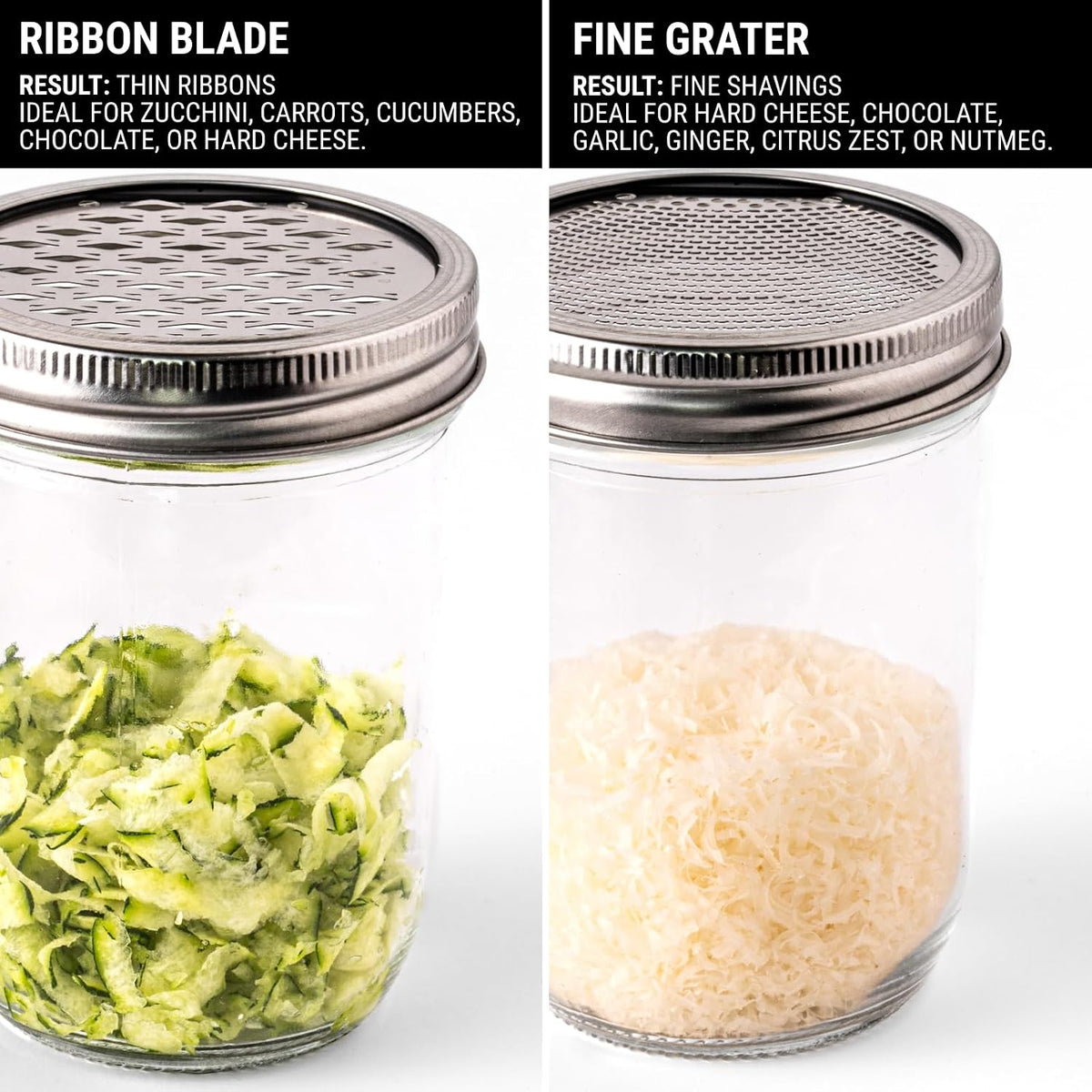 2-Piece Ultimate Mason Jar Lid Grater Set, Fine & Ribbon Stainless Steel Blades, Fits Wide Mouth Canning Jars, Shaker Holes, Zester & Cheese/Spice Grater, Handheld Stainless Steel Rasp