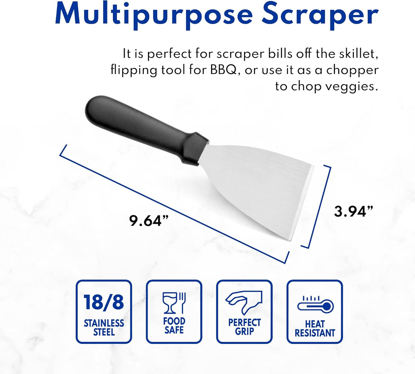 Stainless Steel Slant Edge Grill Scraper with Black Plastic Handle, 4 x 8.5 Inch Restaurant Grade Griddle Scraper, Flat Top Scraper, Grill Cleaning Tool
