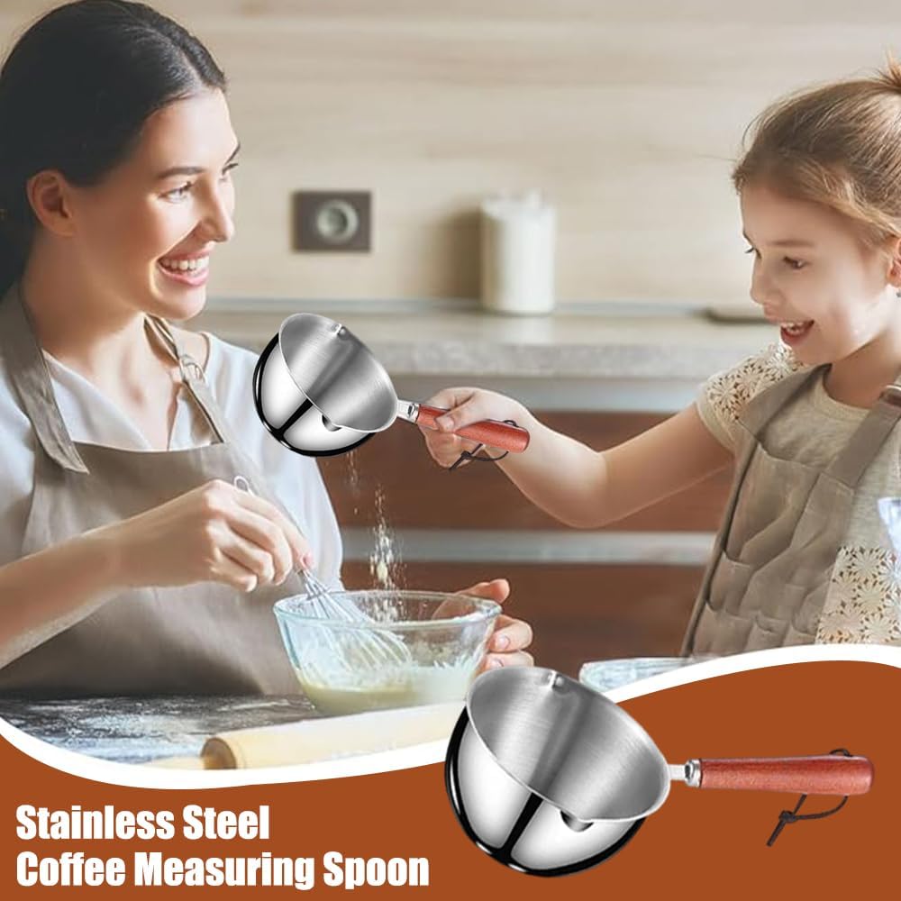 Measuring Cup with Wooden Handle,Vintage Stainless Steel Coffee Measuring Spoon with Cowhide lanyard,Tea Scoop for Coffee Tea Sauces Soups Milk,2/3 Cup,150 ML