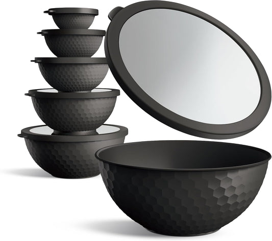 Mixing Bowls with Lids - 12 Piece Plastic Nesting Bowls Set includes 6 Prep Bowls and 6 Lids, Microwave Safe Mixing Bowl Set, Black Embossed - Colors B