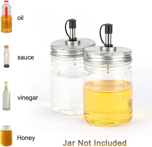 2pcs Stainless Steel Regular Mouth Mason Jar Pour Spout Lids with Plastic Caps for Olive Oil Cocktail Dispenser and Salad Dressing Shaker