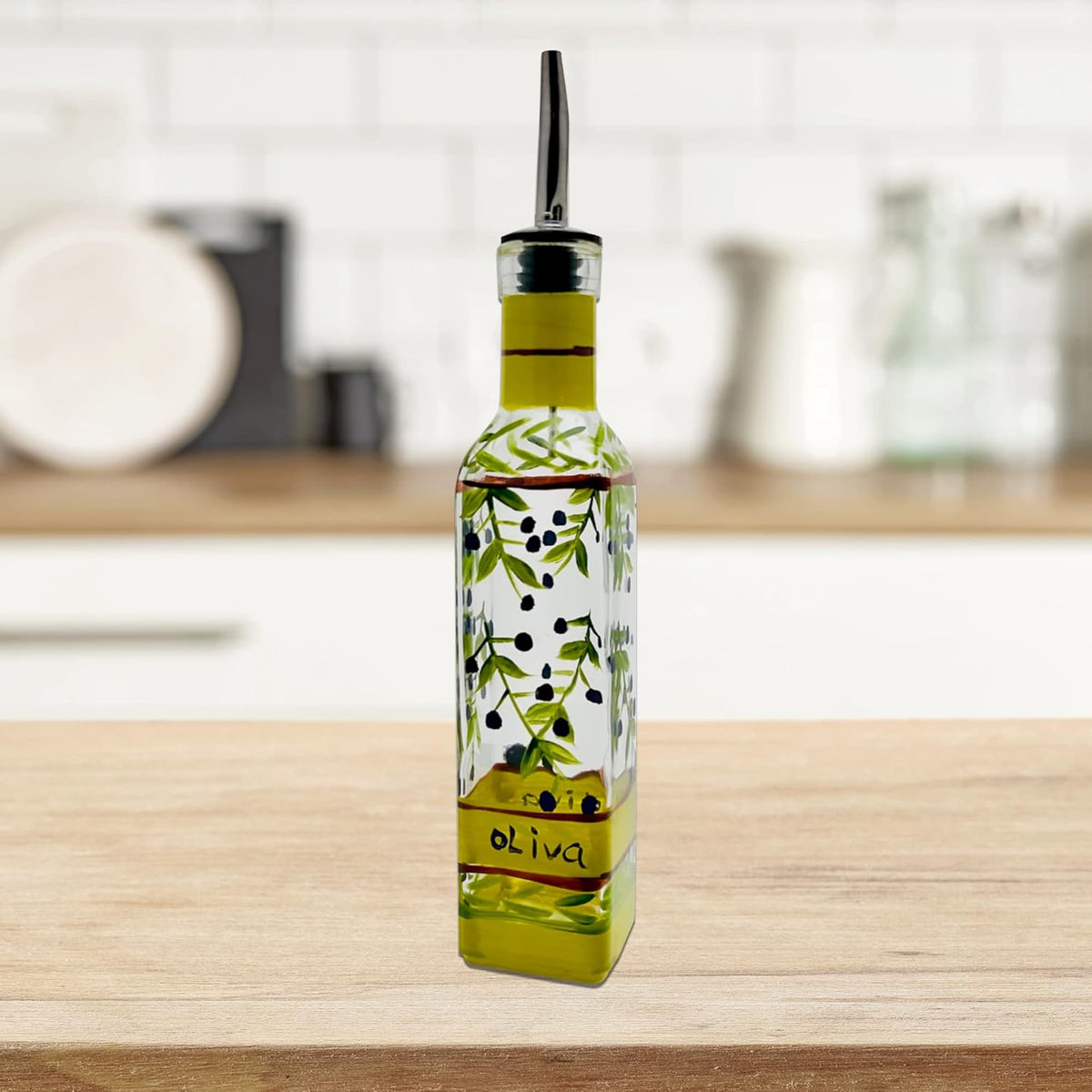 Hand Painted Glass Oliva Branch Oil/Vinegar Glass Cruet for Kitchen, 16 oz Olive Oil Dispenser With Stainless Steel Spout for Easy Pouring