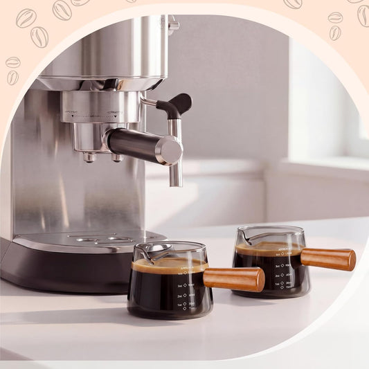 2 Pcs Espresso Cups, Espresso Shot Glasses with V-shaped Spouts and Handle, Small Cute Glass Measuring Cup, Milk Frothing Pitcher for Coffee Bar Accessories(4 OZ,Simple Style,Black)