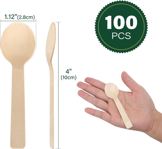 Mini Wooden Spoons, Pack of 100, 4 inch Length, Disposable Tasting Sampling Spoons, Biodegradable Compostable Eco-friendly Birchwood Taster Spoons