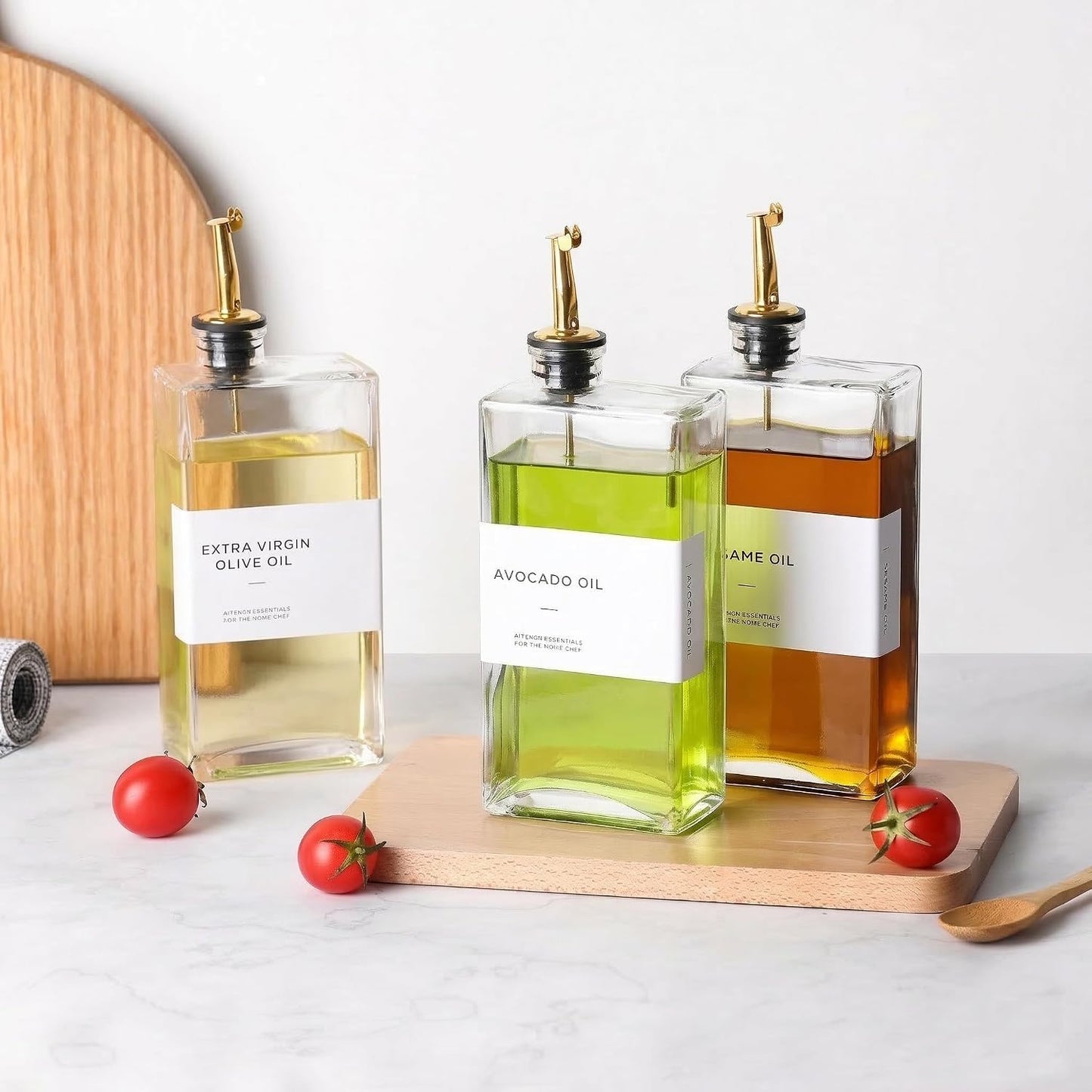 Olive Oil Dispenser Bottle for Kitchen, 3 Pack Glass Oil and Vinegar Dispenser Set, Elegant Book Design, Durable, Leak-Proof, Easy-Pour Spouts, Perfect for Kitchen, Dining Table (17oz)